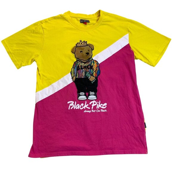 Black Pike Mens T-Shirt 2XL Yellow & Pink T-Shirt With Embroidered Bear Design - Picture 1 of 12